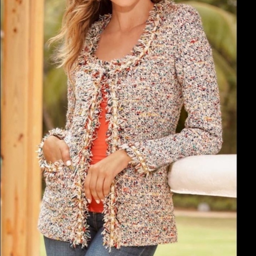 Boston Proper Multicolor Parisian Chain Detail Tweed Blazer with Fringe. Size 12